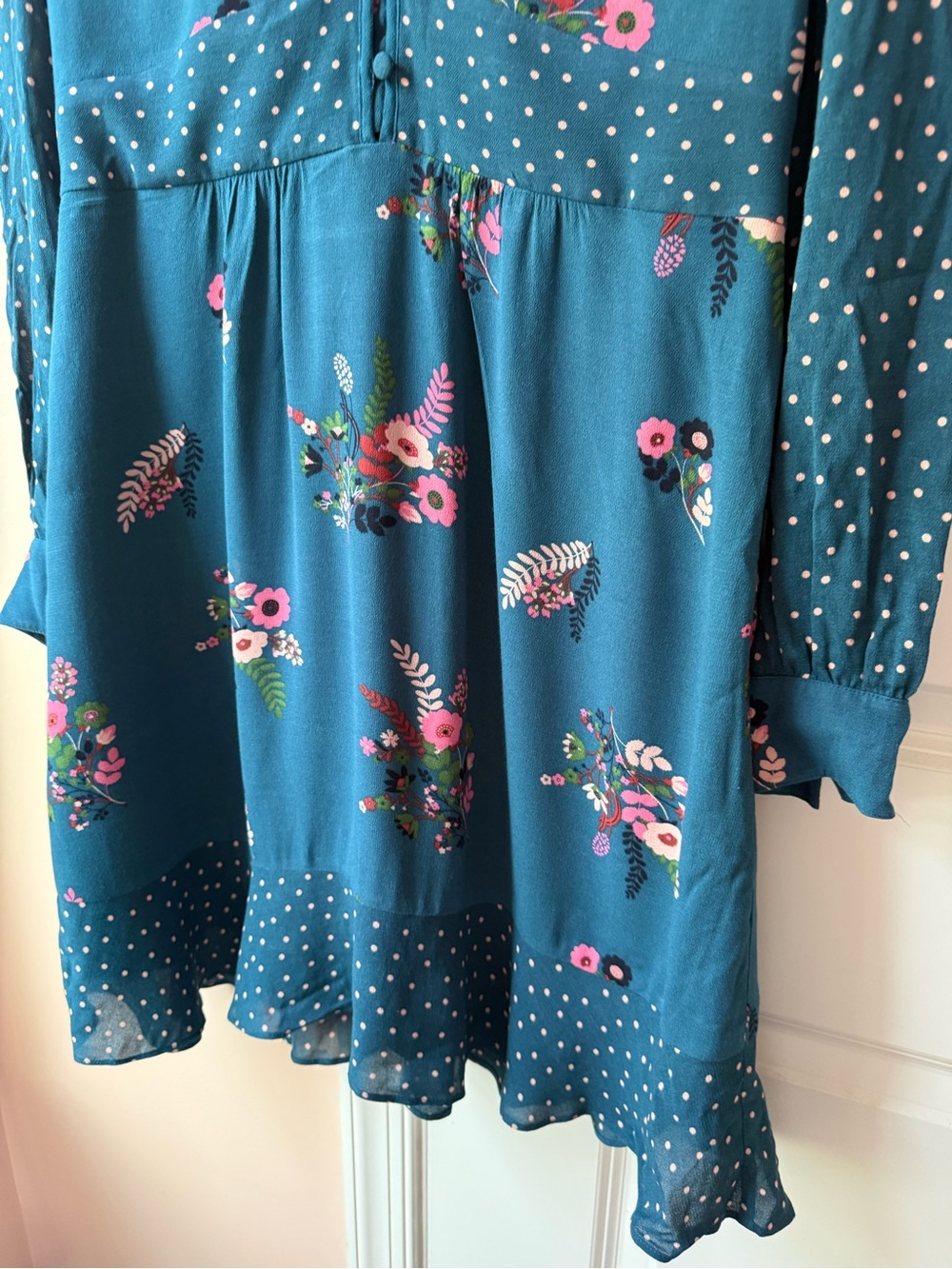 Boden Teal Floral Button-Front Long-Sleeve Mini Dress with Pink Accents - Picture 5 of 8